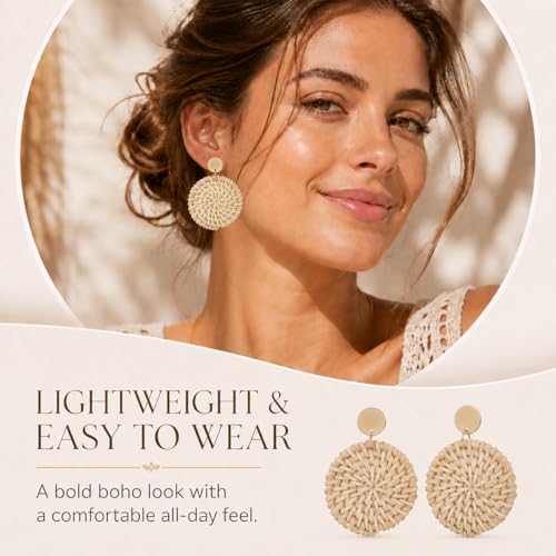 Image of Handmade Raffia Rattan Boho Earrings Summer Beach Vacation Jewelry