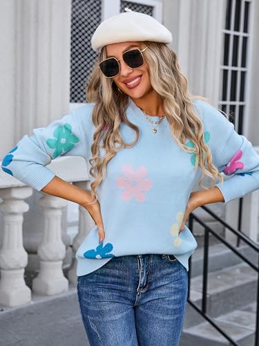 Image of Angashion Sweaters for Women 2025 Crewneck Fashion Printed Flowers: Long Sleeve Ribbed Pullover Sweaters Jumper Light Fuzzy Soft Blue Large