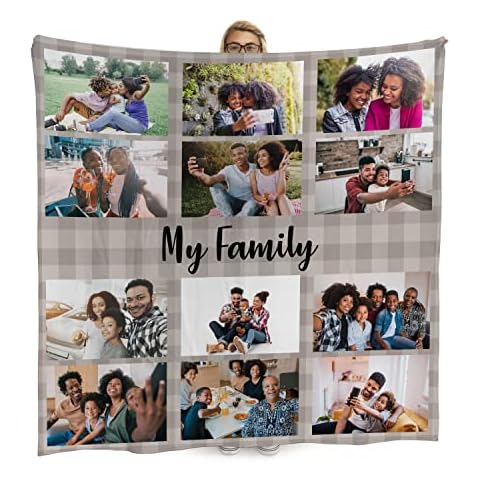 L&S PRINTS Extra Large 150cm x 150cm Personalised Photo Blanket | Custom Gingham Neutral Design Picture Collage Photo Gift Fleece Throw | Gingham Picnic Blanket Custom Add 12 Photos - Made In England Cover