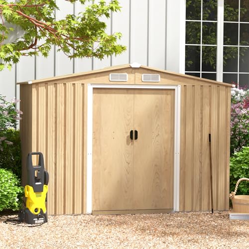 GOPLUS 4,47m² Abri de Jardin Naturel avec Bas, Cabane à Outils en Acier Galvanisé 8,23m³, Résistant aux Intempéries, Porte Verrouillable, Toit en Pente,...