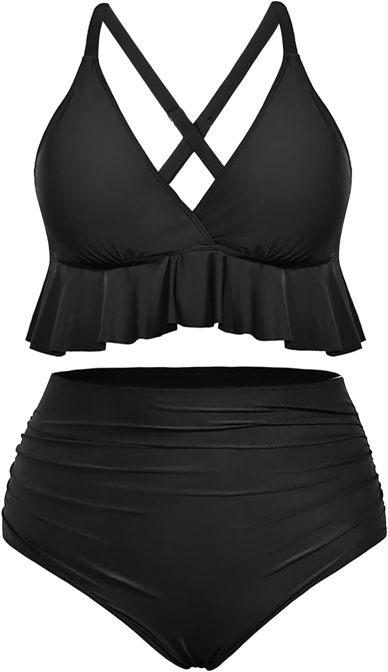 Yonique Women Plus Size Two Piece Swimsuits High Waisted Bikini Set Tummy Control Bathing Suits Ruffle Swimwear