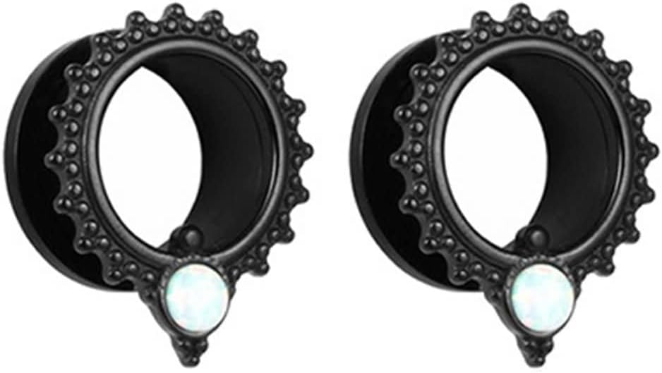 2Pieces Piercing Jewelry, Stainless Steel Ear Gauges Kit 2G(6mm), Hoop Cubic Zirconia and Opal Ear Gauges and Tunnels Black