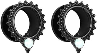 Juego de 2 pendientes de 6 mm a 25 mm para mujer, color negro, redondos, con diseño de flores, dilatador, acero inoxidable