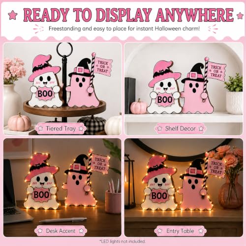 2pcs Ghost Pink Halloween Decor, Trick or Treat Wooden Plaque by Emotional Uplifting - Used condition - Image 6