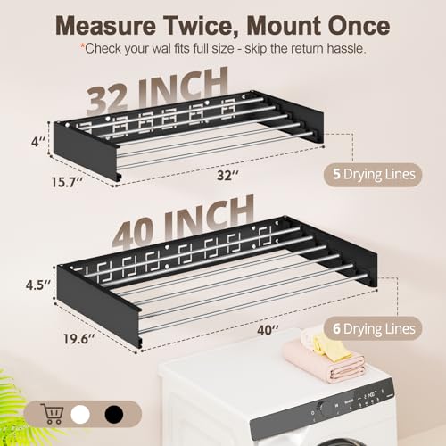Vasunray Wall Mounted Clothes Drying Rack Folding Indoor, Foldable Laundry Drying Rack Collapsible,Invisible, Space Saving, Retractable Towel Drying Rack, with Wall Template(6 Drying Rods, Black 40") by Vasunray - Image 3