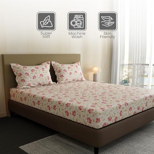 Image of Layers 100% Cotton Bedsheet for Double Size Bed | Lumina Floret Collection | 144 TC Soft & Breathable | Floral Print with 2 Pillow Covers | Wrinkle Free & Colorfast | 3 Piece Bedding Set - Pink