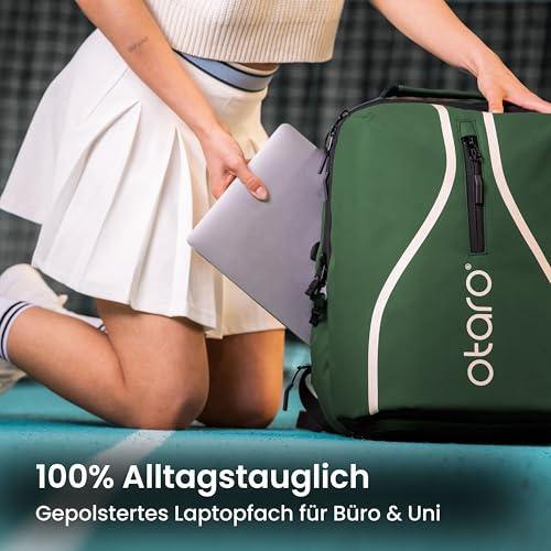 Otaro Tennis Rucksack mit Schuhfach & Laptopfach | 30 L | Tennistasche Herren & Damen inkl. Regenschutz | Tennisschläger Tasche für 2 Rackets | Tennisrucksack Kompakt & Alltagstauglich (Grün)