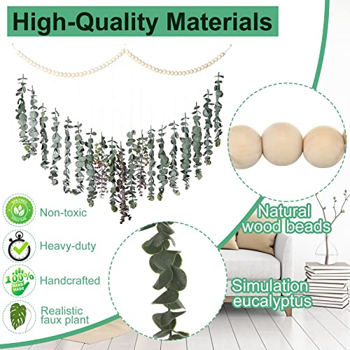 Jexine 2 Pcs Eucalyptus Wall Decor Fake Eucalyptus Leaves Hanging Decor Greenery Boho Wall Decor Artificial Plants With Wood Bead For Bathroom Bedroom Farmhouse Living Room Kitchen, 39 X 27.5 Inch #TOP2
