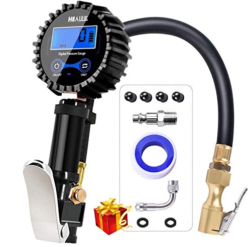 HEALiNK Digital Tire Pressure Gauge, 200 PSI Accurate Car Air Tire Inflator with Pressure Gauges, with LED LCD Air Chuck Rubber Hose Valve Extender Accessories for Motorcycle Bike Truck Vehicles