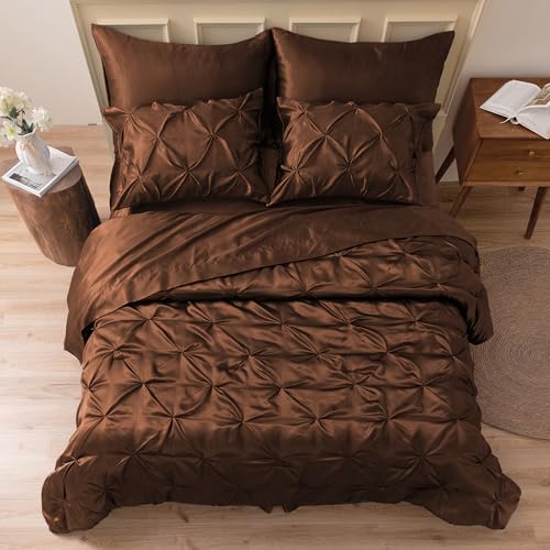 MR&HM Satin Comforter Twin XL 5 Pieces - Luxurious Pinch Pleat Bedding Set with Comforter, Flat Sheet, Fitted Sheet, Pillowcase & Sham, Super Silky Soft Bed Set for All Season (Twin XL, Brown)