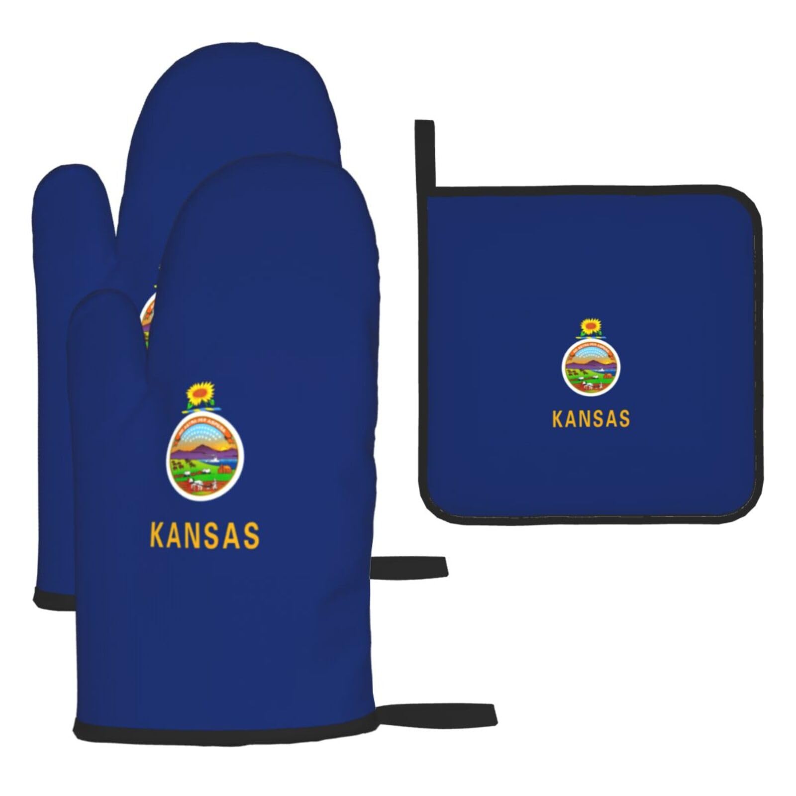 Kansas State Flag Print Oven Mitts Kitchen Gloves Set Everyday Baking Grilling Microwaving Cooking Gift