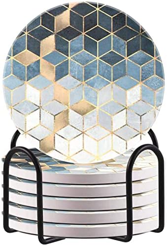 HAOCOO Drink Round Coasters with Holder (Set of 6), Absorbent Ceramic Coasters with Non-Slip & Scratch-Resistant Cork Base (Abstract gray)