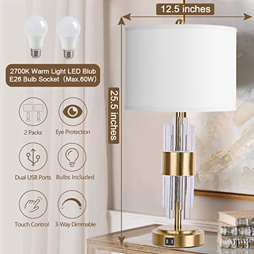 Table Lamp For Living Room With Usb Ports, Gold Bedside Lamps For Bedrooms Set Of 2 With Touch Control, Modern Nightstand Lamp White Drum Lamp Shade Home Office Light Decor (2700K Led Bulb Included) #TOP4
