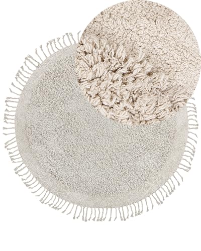 Beliani Teppich Baumwolle helles Beige ⌀ 140 cm mit Fransen Hochflor Shaggy Boho Bitlis