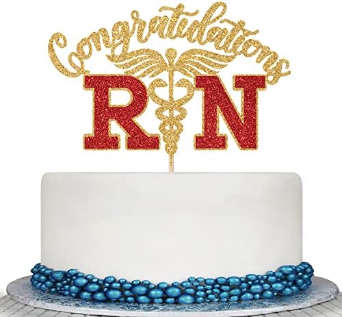 Congratulations RN Cake Topper - RN Graduation Decorations - Congrats Nurse/RN, Medical School Graduation Party Decorations, Gold and Red Glitter
