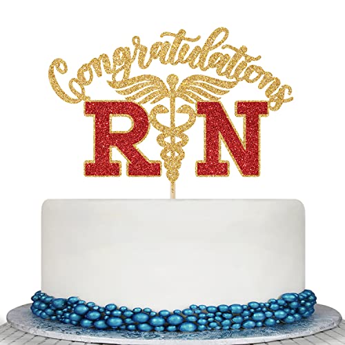 Congratulations Rn Cake Topper - Rn Graduation Decorations - Congrats Nurse/Rn, Medical School Graduation Party Decorations, Gold And Red Glitter #TOP2
