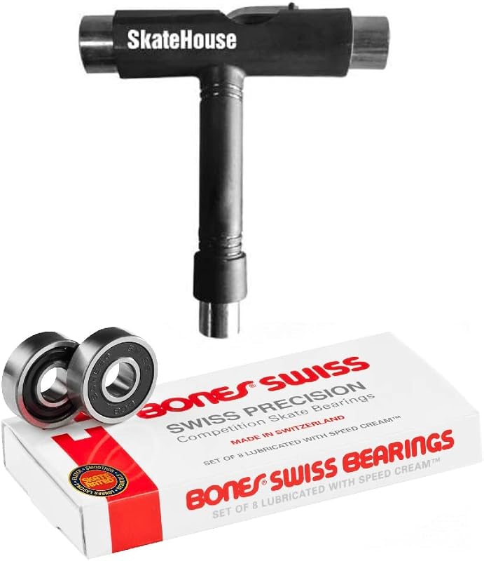 Rodamientos para monopatín Bones Swiss (paquete de 8) incluidos con una herramienta de skate SkateHouse