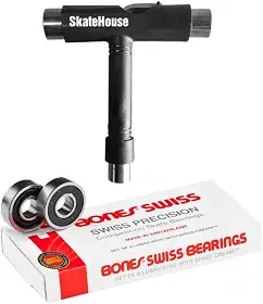 Rolamentos de Skate Bones Swiss (Pacote com 8) Em Conjunto com Uma Ferramenta de Skate Skatehouse