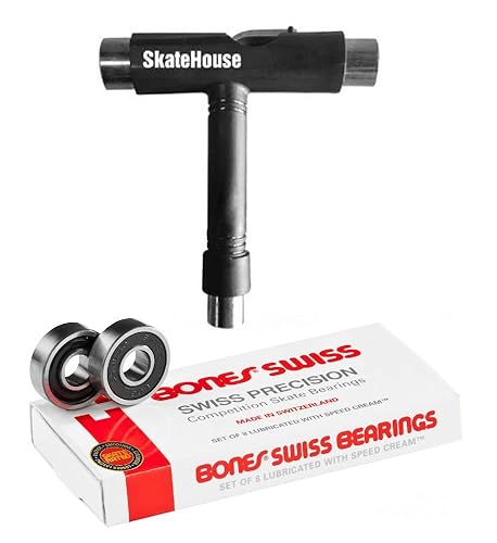 Bones Swiss Skateboard Bearings (paquete de 8) con una herramienta de patinaje SkateHouse