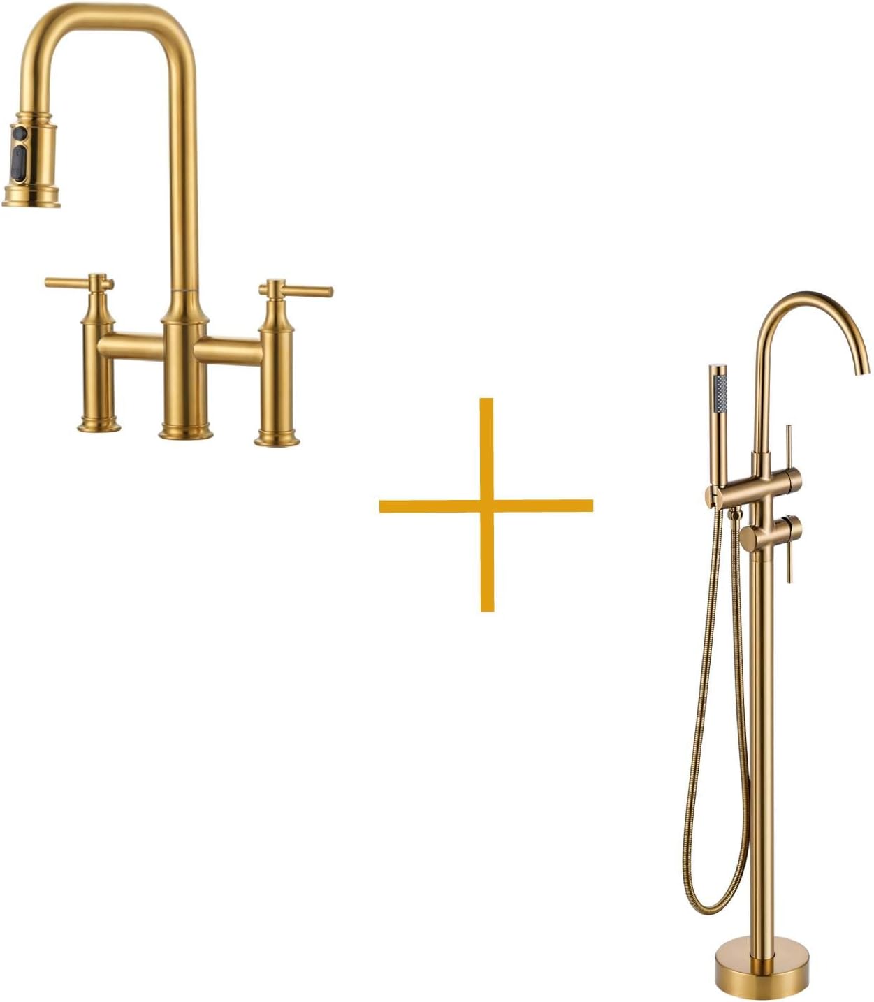 Bridge Kitchen Faucet and Freestanding Bathtub Faucet Brushed Gold