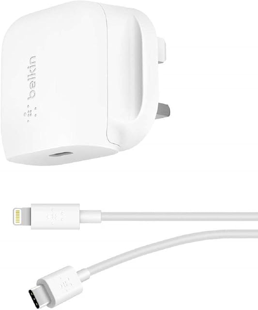 Belkin Boost Charge USB-C Wall Charger 20W + 4 ft USB-C to Lightning Cable (Fast Charger for iPhone 14/14 Plus, 14 Pro, 14 Pro Max, 13, 13 Pro/Pro Max, 13 mini, iPad Air 2020, 8th gen.)