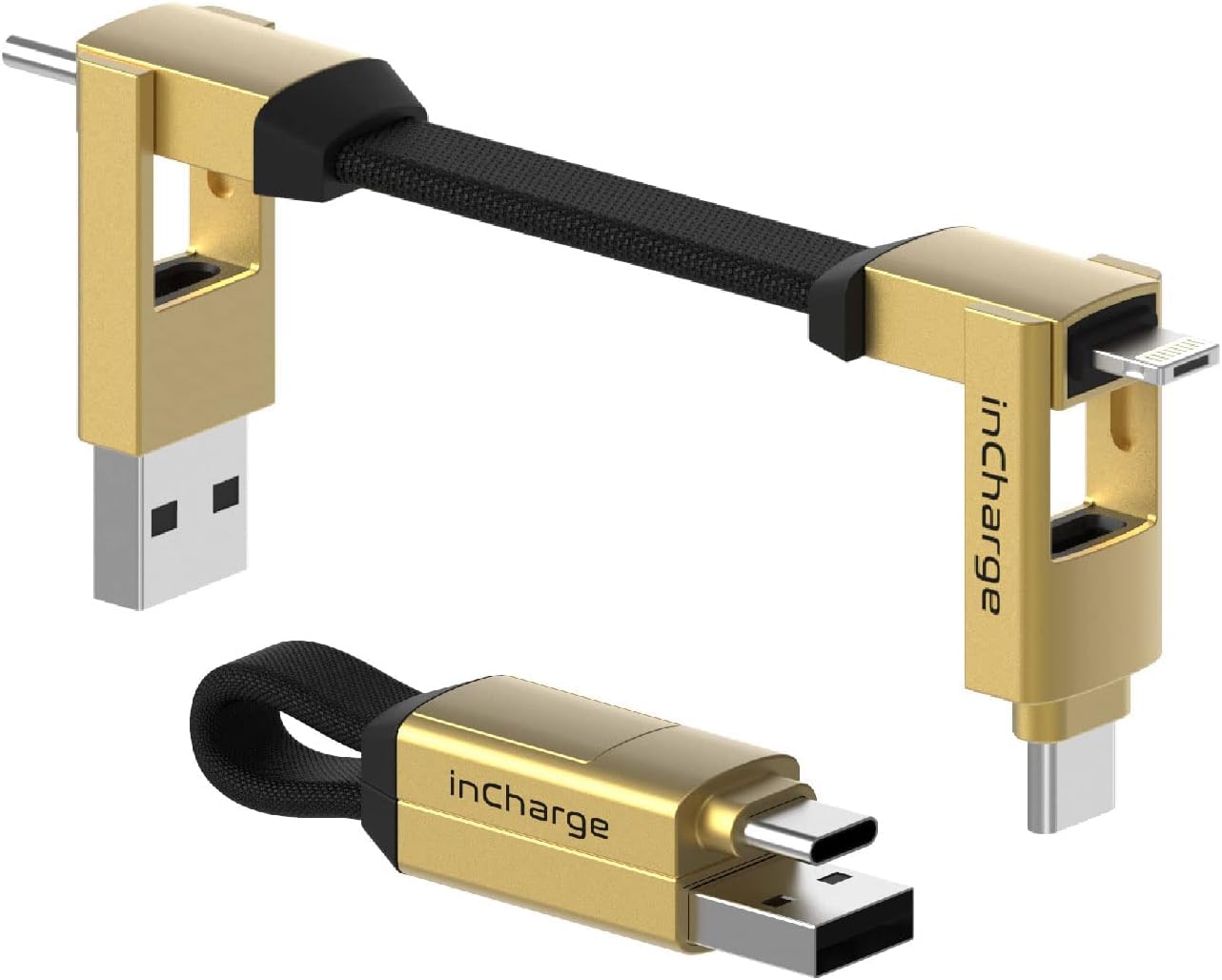 inCharge 6 (Six) 6 in 1 Swiss Army Knife Like Cable Portable Keychain Apple iPhone USB USB-C Micro USB Cable for All Devices (Saturn Gold)