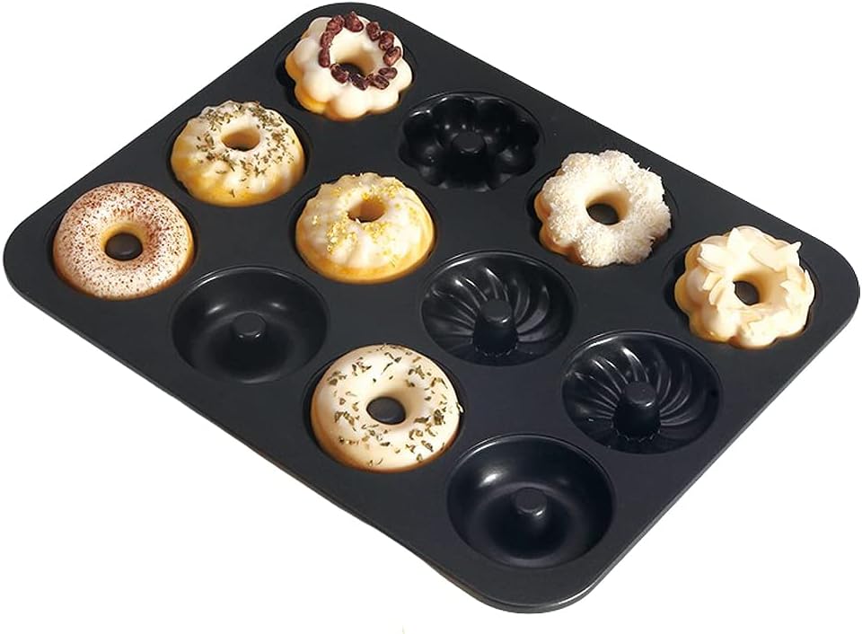 CANDeal Donut Baking Pans, Nonstick 12 Cavity Doughnut Pan, Carbon Steel Donut Mold and Mini Bagel Pan for Baking