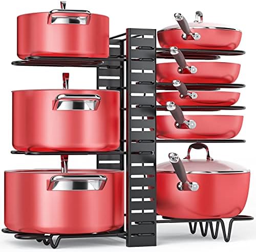 MUDEELA Pots and Pans Organizer for Cabinet 8-Tier Pan Organizer Rack for Cabinet with 3 DIY Methods, Adjustable Pot Organizer Rack for Kitchen Organization & Storage, Cabinet Organizer