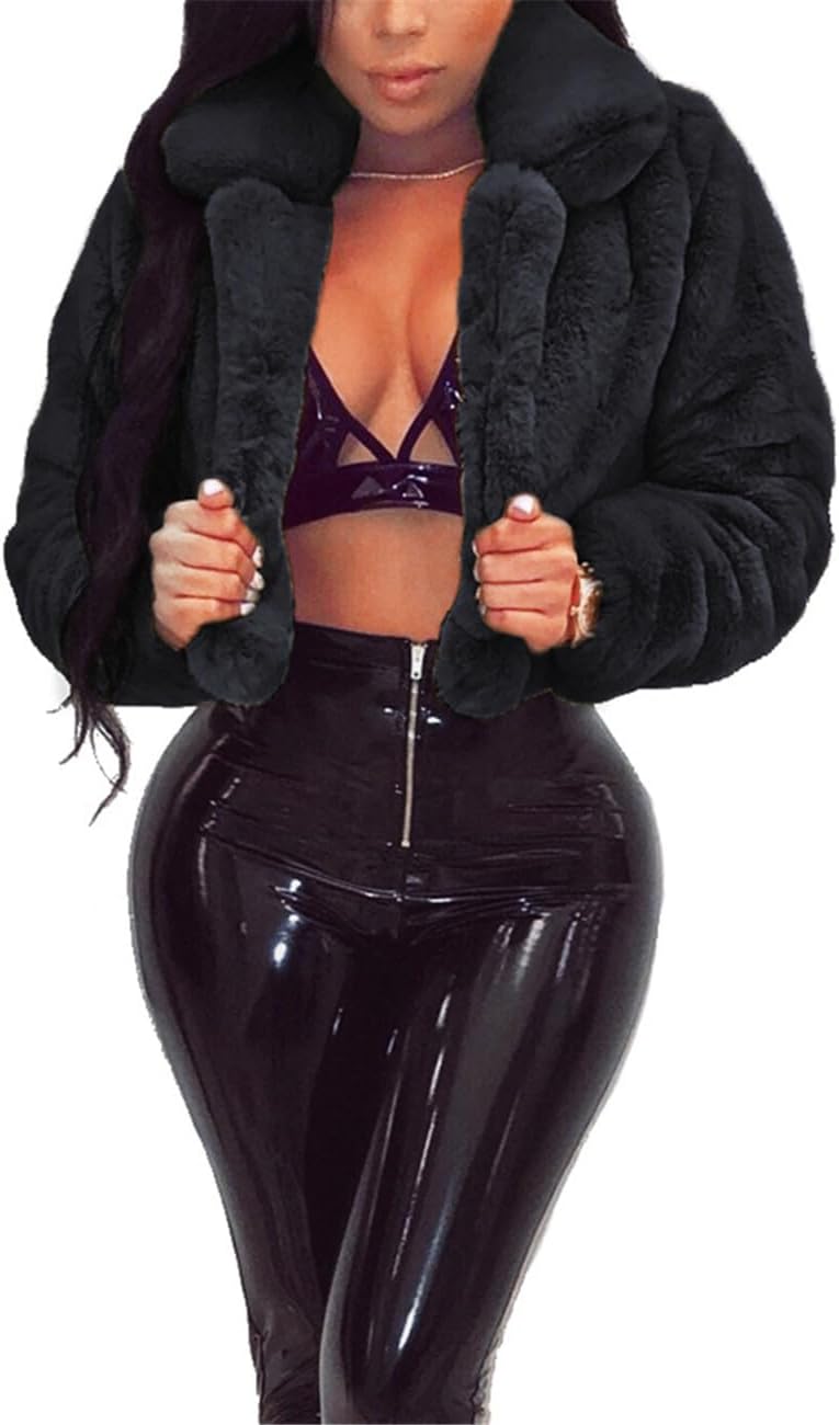 Womens Lapel Collar Open Front Fluffy Faux Fur Cropped Coats Jackets