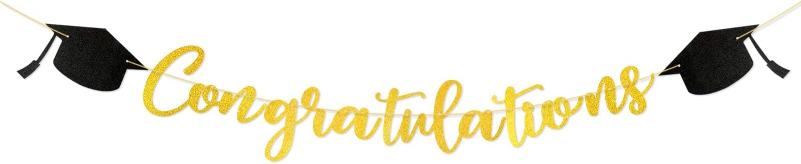 Gold Congratulations Graduation Banner with Graduation Cap Glitter Congratulations Banner for Graduation Baby Shower Retirement Engagement Party Decoration