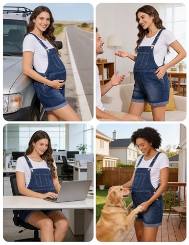 Image of PACBREEZE Women's Maternity Shorts Jean Overalls for Women Stretchy Denim Bib Jumpsuits Summer Pregnancy Shorts