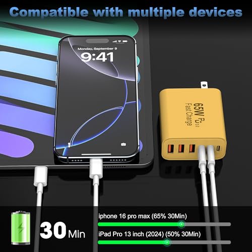 Image of 65W USB C Charger Block,6-Port Multi Device Fast Charger PD QC Wall Adapter | GaN technology saves space and reduces heat,ideal for home,office,travel,wide compatibility for iphone & USBC devices(Yellow