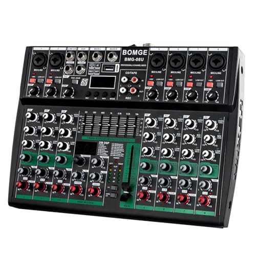 BOMGE Mezclador de audio profesional con placa de sonido, sistema de escritorio, interfaz de 8 canales, USB, Bluetooth, MP3, entrada de computadora, 48 V, Phantom Power Stereo DJ Studio FX 256Bit DSP