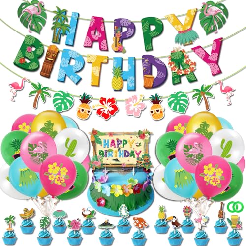 LMSHOWOWO Decorazioni Hawaiane, Hawaiana Striscione Buon Compleanno, Palloncini Hawaiani Lattice, Hawaiani Cake Topper, Hawaiano Banner, per Summer Hawaii Party Decorazione Tropical Birthday Party