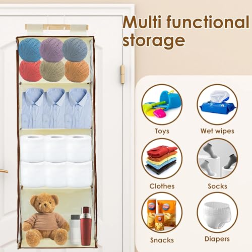 Image of Hanging Yarn Storage with 4 Large Pockets, Multi Functional Storage Bag, Clear Knitting Organizer Storage with Zippers for Crochet Lovers, Hanging Yarn Holder with Over-Door Hooks (khaki)
