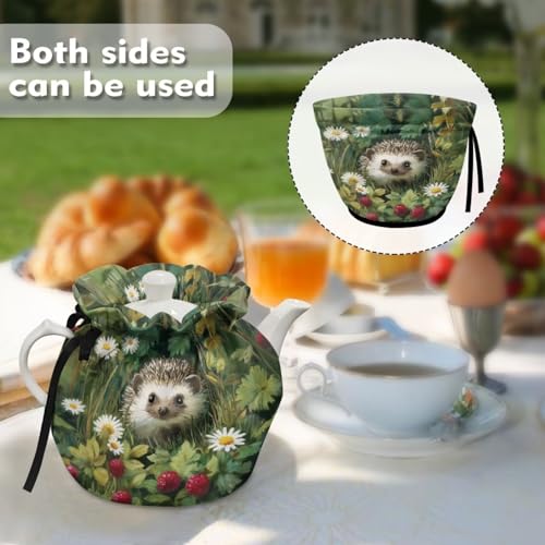 Image of Tea Cosy for Teapot Insulated Hedgehog Daisy Print Tea Pot Cozy Cover Portable Insulated Teapot Dust Cover with Drawstring
