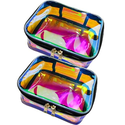 Clear Cosmetic Bags 2 pcs Holographic Pink Waterproof Toiletry Makeup Pouch Zippered Travel Bag