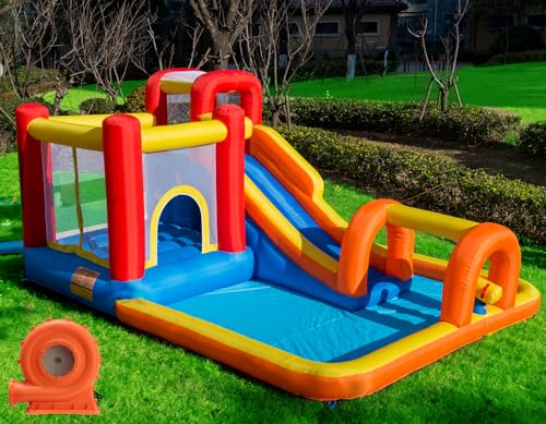 Baralir Inflatable Bounce House Water Park with Long Water Slide & Large Splash Pool Fits 5 Kids, Endless Fun of Jumping, Sliding, Climbing - Extra Cave and Tunnel Adventure and Water Cannon