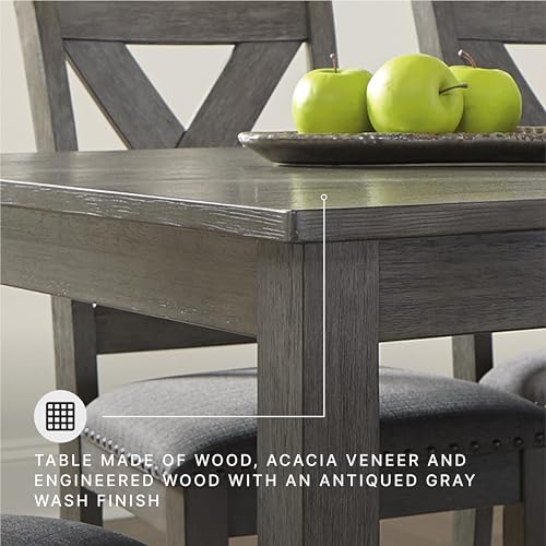 Image of Signature Design by Ashley Caitbrook 7-Piece Dining Set, Gray Wash | Acacia veneer & engineered wood, X-back cushioned chairs, 36x60 inch footprint, Nailhead trim accents
