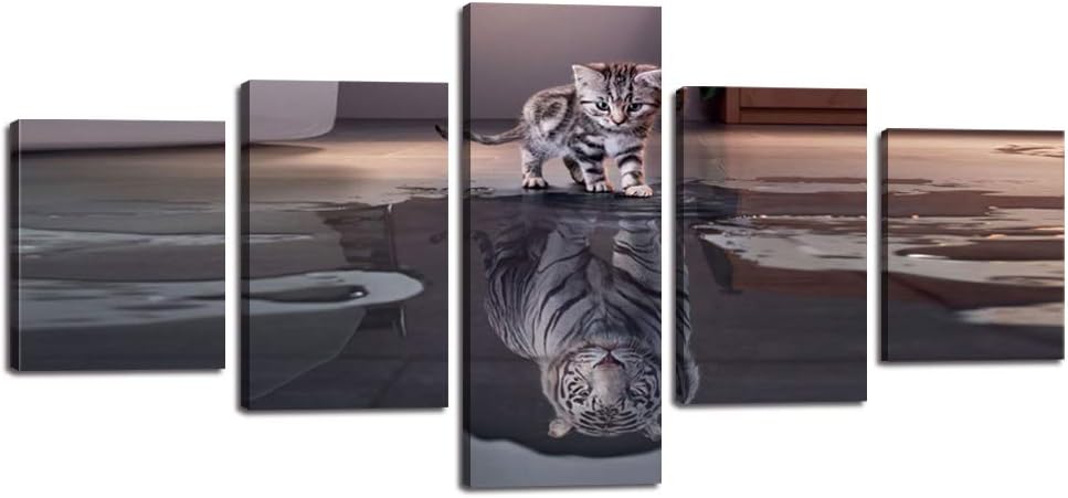 5 Pieces Inspirational Wall Art Cat Tiger Canvas Painting Motivational Posters Artwork Cute Animal HD Prints Pictures Giclee for Living Room Home Decor Wooden Framed Ready to Hang (50''Wx24''H)