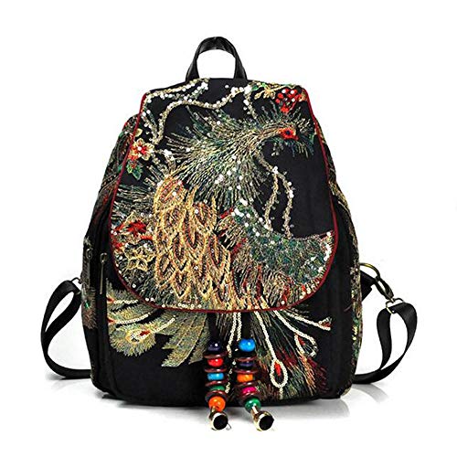 Yaosan Damen Rucksack Ethno-Stil Pailletten Pfau Stickerei Schultertaschen Reise Leinwand Tagesrucksack, Schwarz, Ethnisch