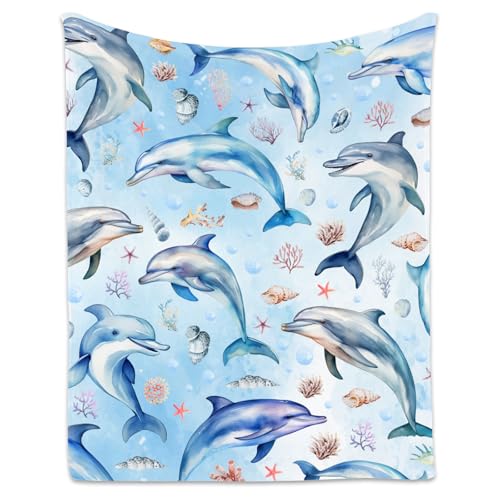 Dolphin Blanket for Girls Boys, Cute Soft Gifts for Ocean Lovers, Cozy Flannel Throw for Bed Travel, 50"x60"