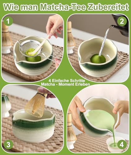 JBER Matcha Besen Set, Matcha Set 7-Teiliges - Matcha Besen und Besenhalter, Matcha Schale mit Auslauf, Sieb, Löffel und Halter, Japanisches Matcha Zubehör für Matcha-Liebhaber, Grün mit Farbverlauf