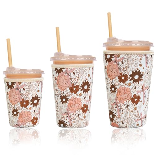 Image of Reusable Insulated Sleeve for Iced Coffee Cup, 3-Pack Coffee Neoprene Drink Sleeve for Cold & Hot Drinks, Beverage Holder for Iced Coffee (Cross Petals)