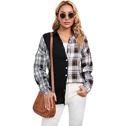 Kidlove Womens Plaid Patchwork Shirts Button Down Collared Blouse Long Sleeve Color Block Boyfriend Oversized Casual Top (Black Brown,XL) Cover