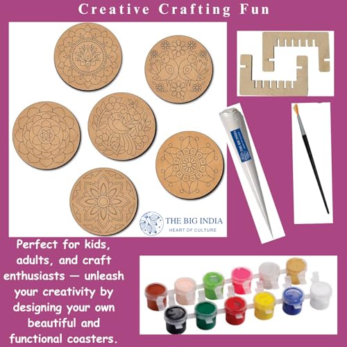 Image of Mandala Tea Coaster Kit | Lippan Art Coaster | Set of 6 with 12 Colors, 1 Brush & 1 Mouldit Clay Cone |DIY Painting Craft Kit for Adults & Kids