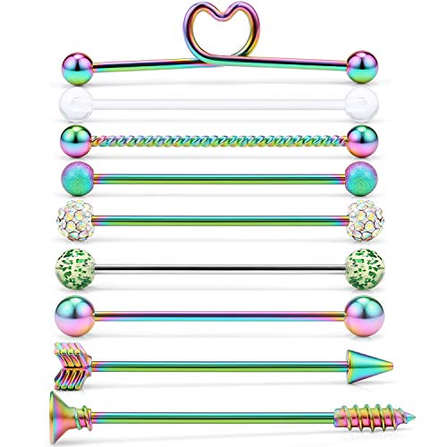 SCERRING 9PCS 14G Stainless Steel Industrial Barbell Cartilage Helix Conch Earring Body Piercing Jewelry 1 1/2Inch(38mm) Heart Arrow Screw Balls for Women Men