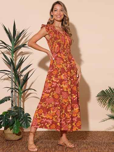 Image of Seta T Women's Summer Dresses Casual Ruffle Sleeveless V Neck Floral Sundress Flowy Smocked Beach Maxi Dress