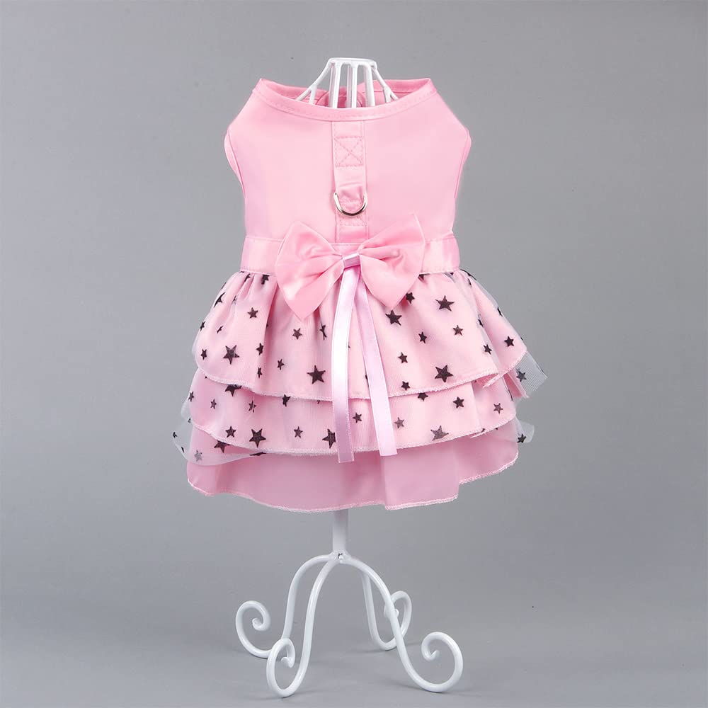 Hdwk&Hped 2-pck Small Dog Dress with Leash Ring, Pentagram Bow Multi-Layer Princess Dog Dress Puppy Cat Walking Dress Pink Green #4