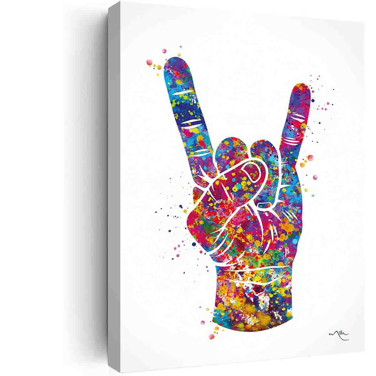 DAVUD Canvas Prints For Bedroom,Rock And Roll Hand Sign Watercolor Print Music Wall Art Poster House Party Rock Hand Sign Rocknroll Rock N Roll Wall